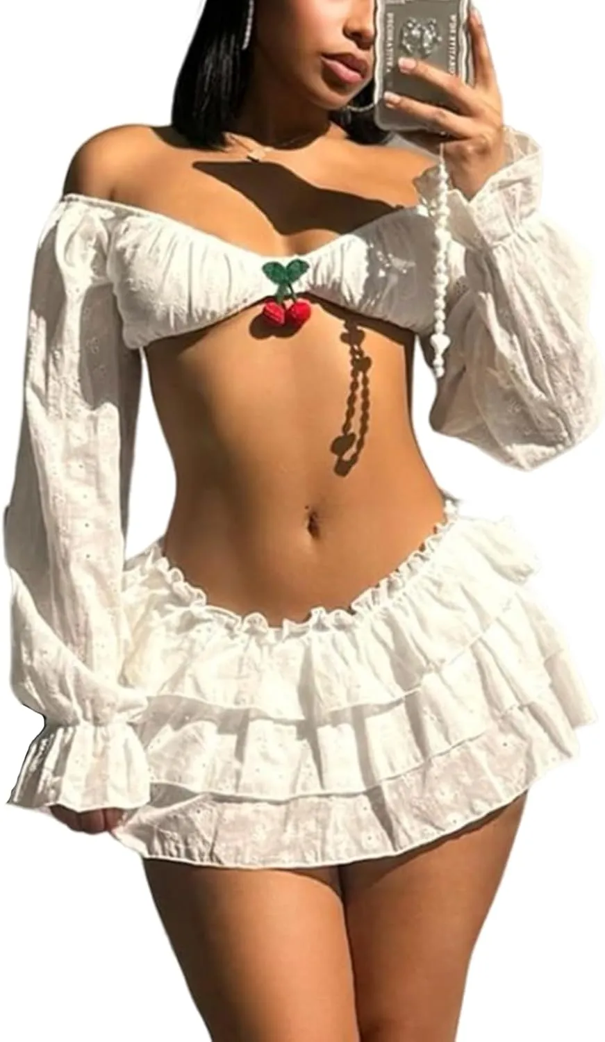 Women Two Piece Outfits Y2K Going Out Cherry Off Shoulder Crop Tops Low Rise Ruffle Layer Pleated Mini Skort Skirt Sets