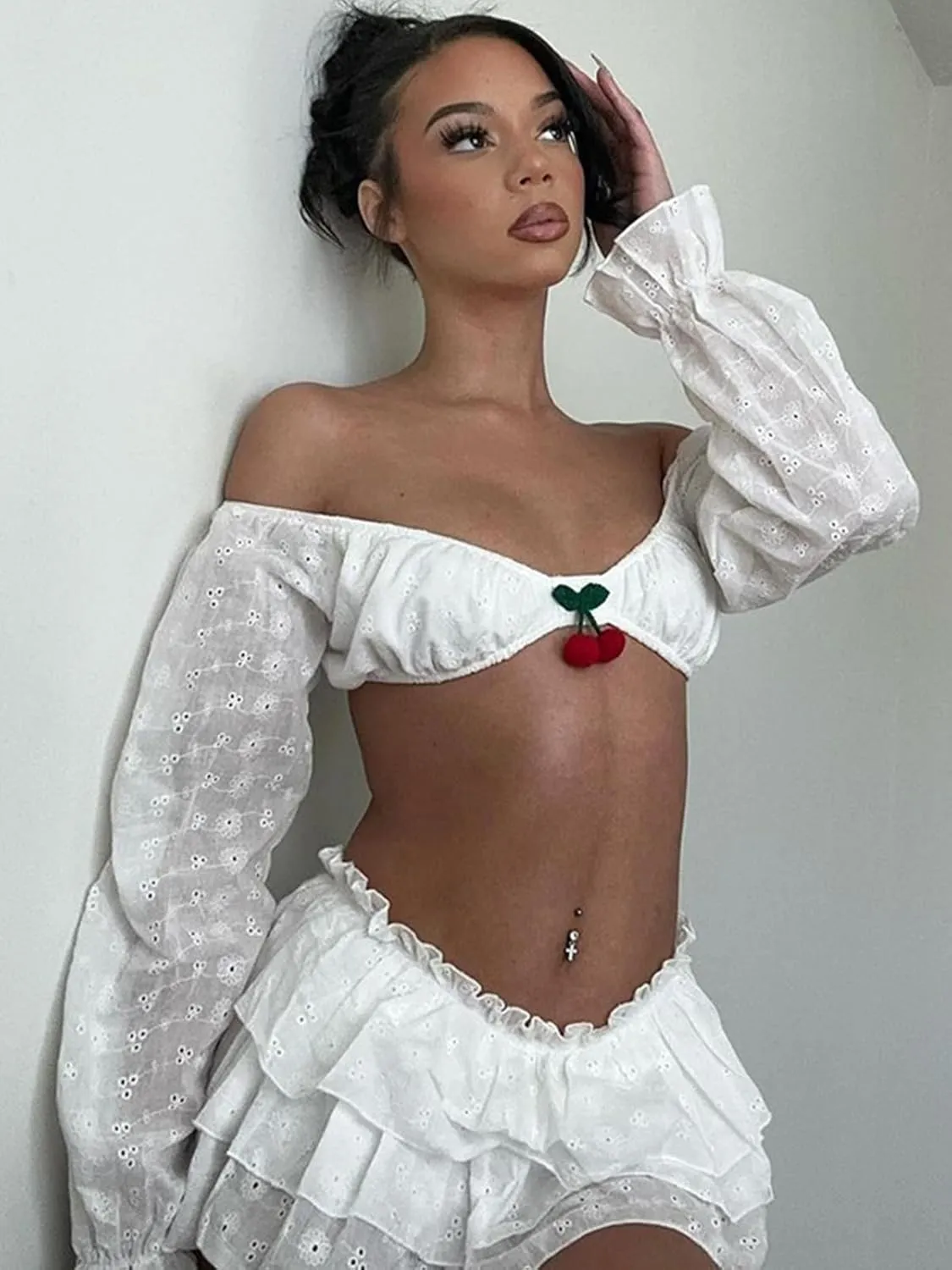 Women Two Piece Outfits Y2K Going Out Cherry Off Shoulder Crop Tops Low Rise Ruffle Layer Pleated Mini Skort Skirt Sets