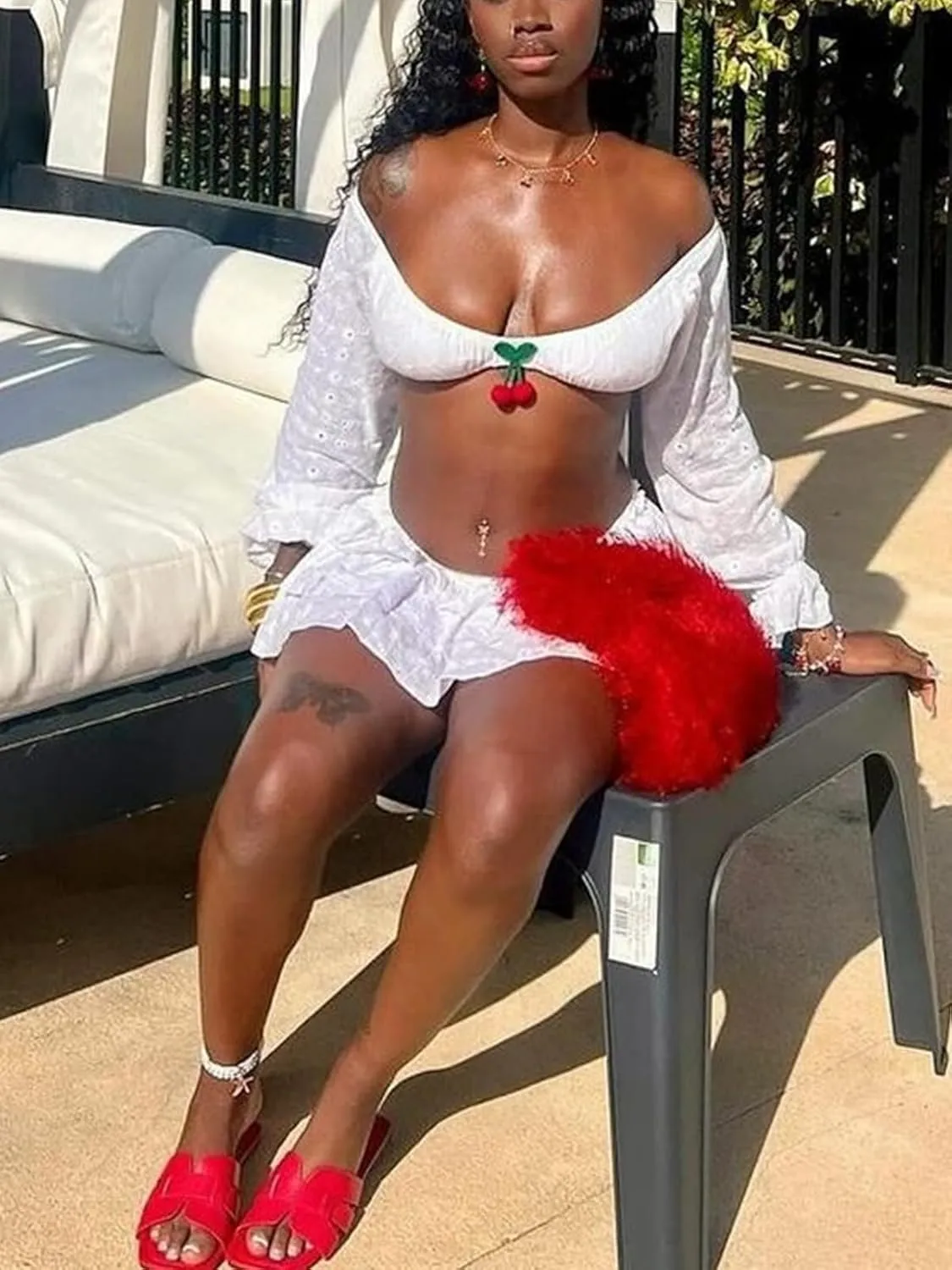 Women Two Piece Outfits Y2K Going Out Cherry Off Shoulder Crop Tops Low Rise Ruffle Layer Pleated Mini Skort Skirt Sets