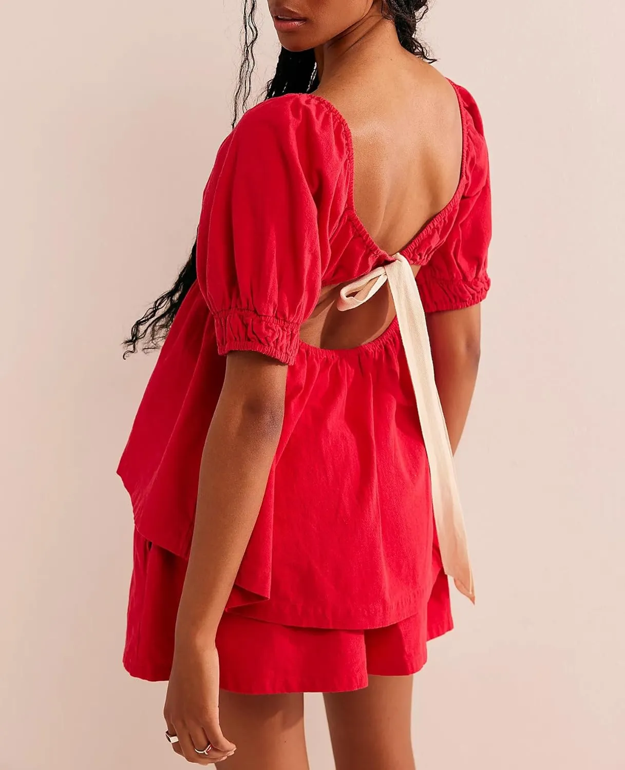 Womens 2 Piece Suit Sets Trendy Square Neck Puff Sleeve Tie Bow Back Babydoll Tops Summer Beach Casual Solid Shorts Set