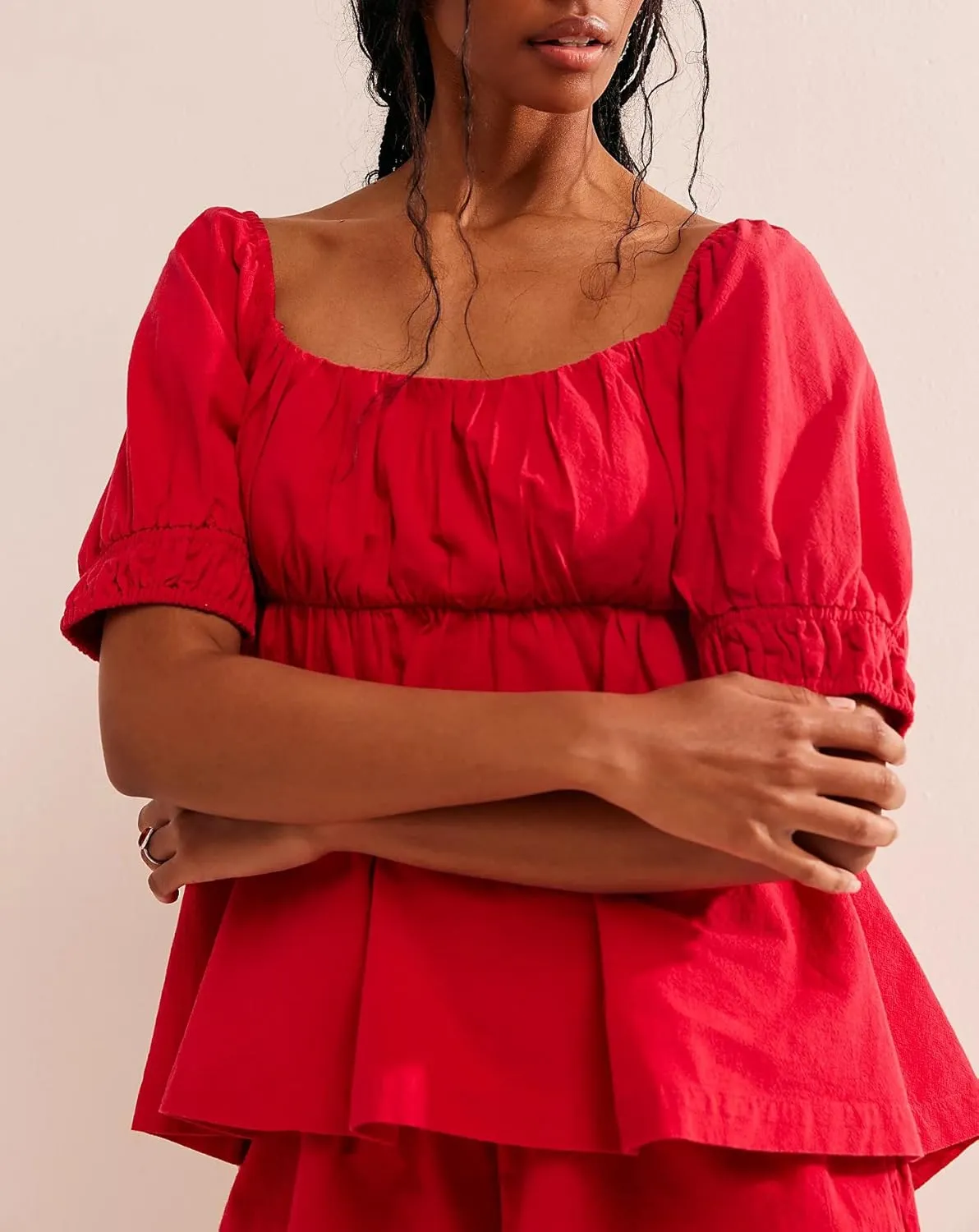 Womens 2 Piece Suit Sets Trendy Square Neck Puff Sleeve Tie Bow Back Babydoll Tops Summer Beach Casual Solid Shorts Set