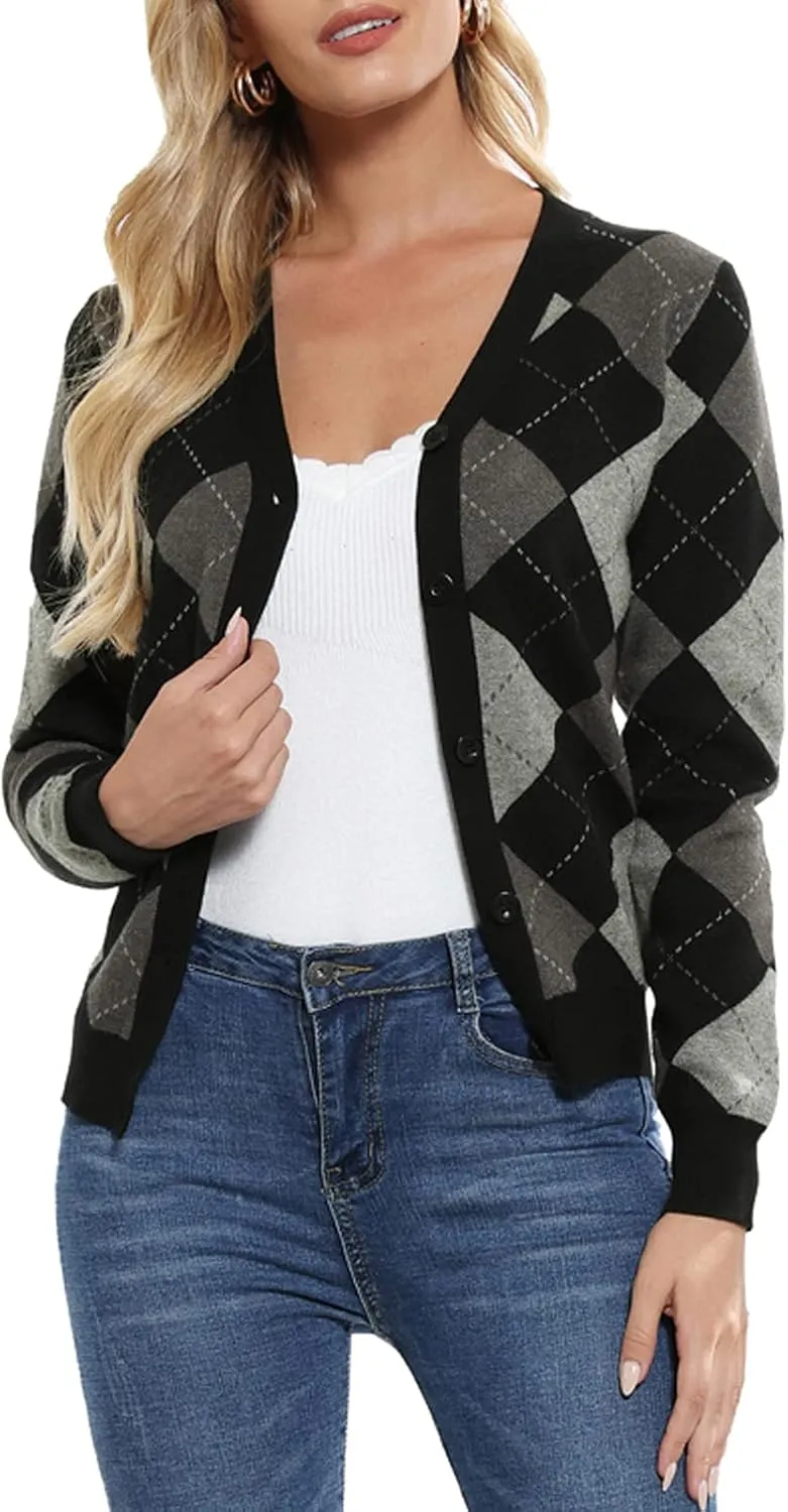Womens Argyle Preppy Cardigan Sweater Casual V Neck Button Down Knit Cardigan Color Block Shrugs S-2XL