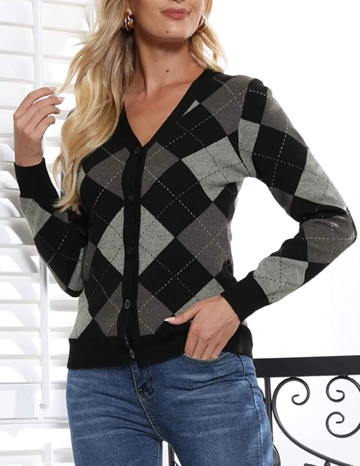 Womens Argyle Preppy Cardigan Sweater Casual V Neck Button Down Knit Cardigan Color Block Shrugs S-2XL