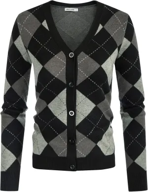 Womens Argyle Preppy Cardigan Sweater Casual V Neck Button Down Knit Cardigan Color Block Shrugs S-2XL