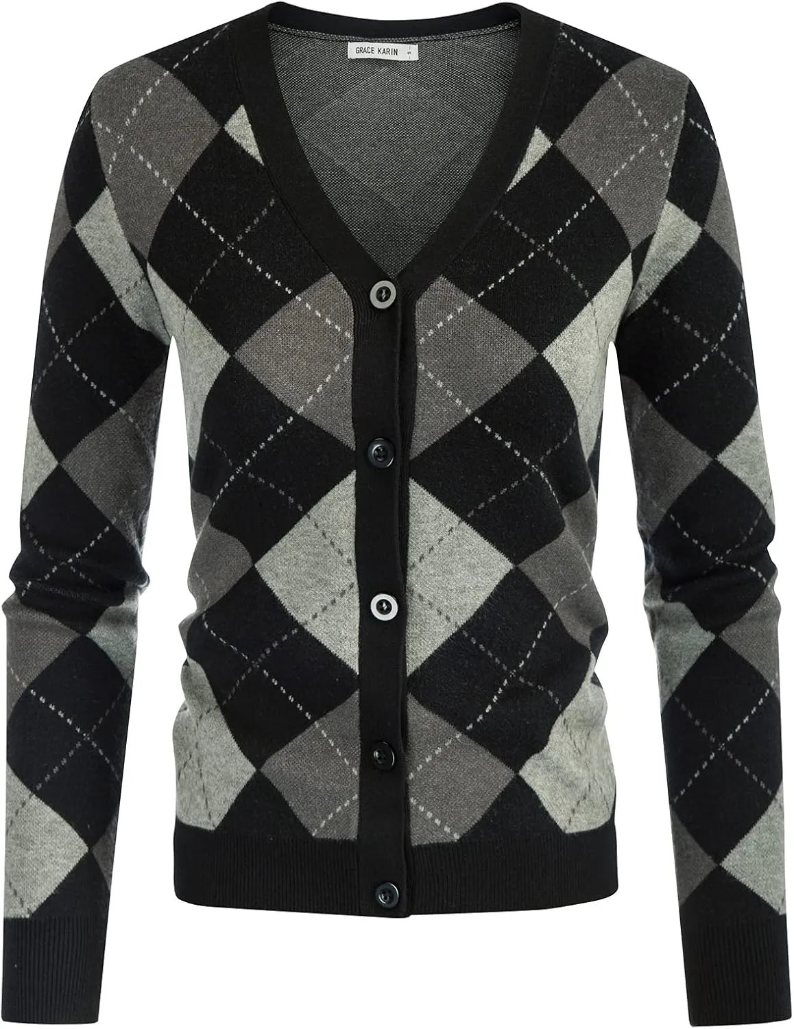 Womens Argyle Preppy Cardigan Sweater Casual V Neck Button Down Knit Cardigan Color Block Shrugs S-2XL