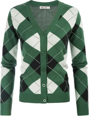 Womens Argyle Preppy Cardigan Sweater Casual V Neck Button Down Knit Cardigan Color Block Shrugs S-2XL