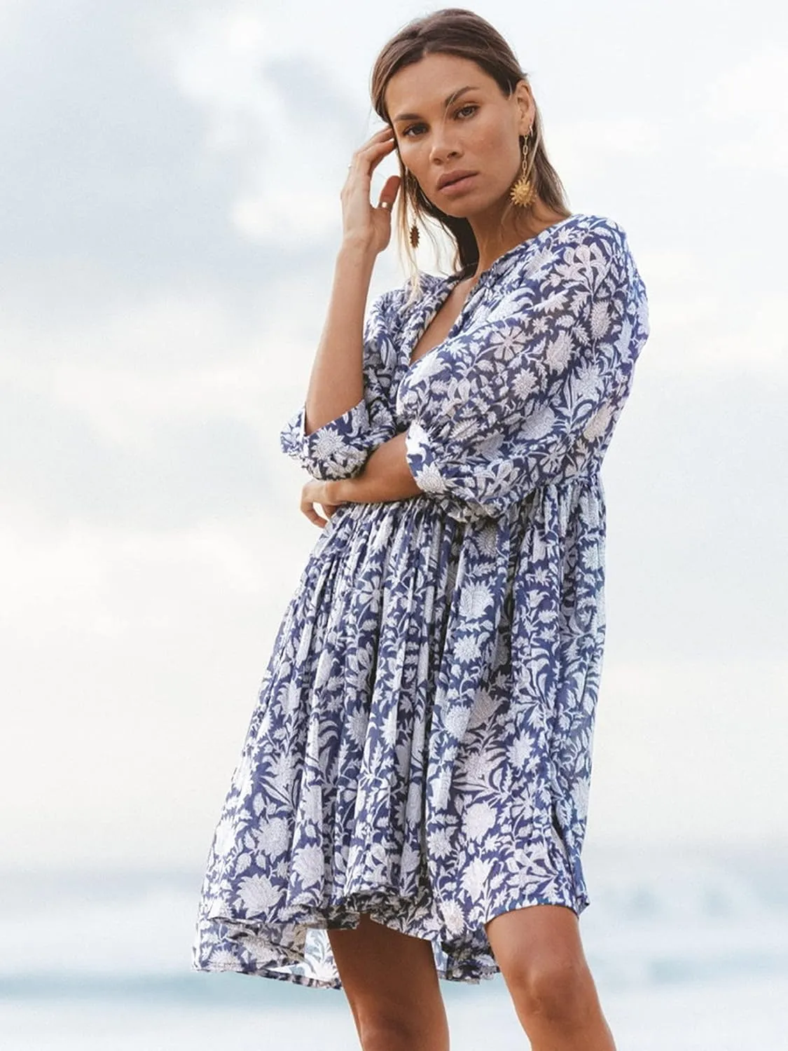 Womens Boho Floral Short Dress: Summer Cute Puff Sleeve - Casual V Neck A Line Tops - Flowy Mini Garden Sun Dress 2415