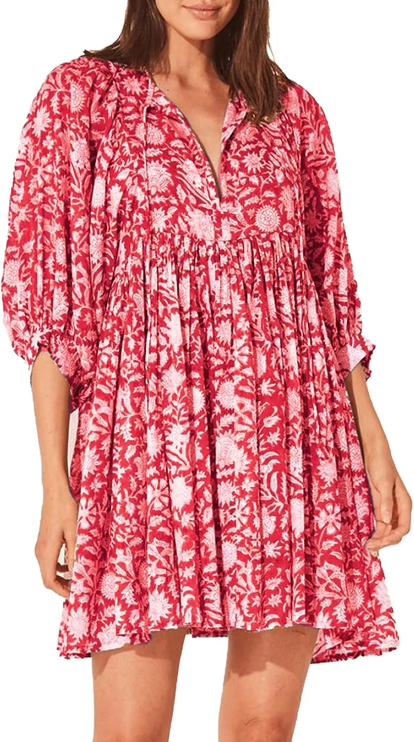 Womens Boho Floral Short Dress: Summer Cute Puff Sleeve - Casual V Neck A Line Tops - Flowy Mini Garden Sun Dress 2415