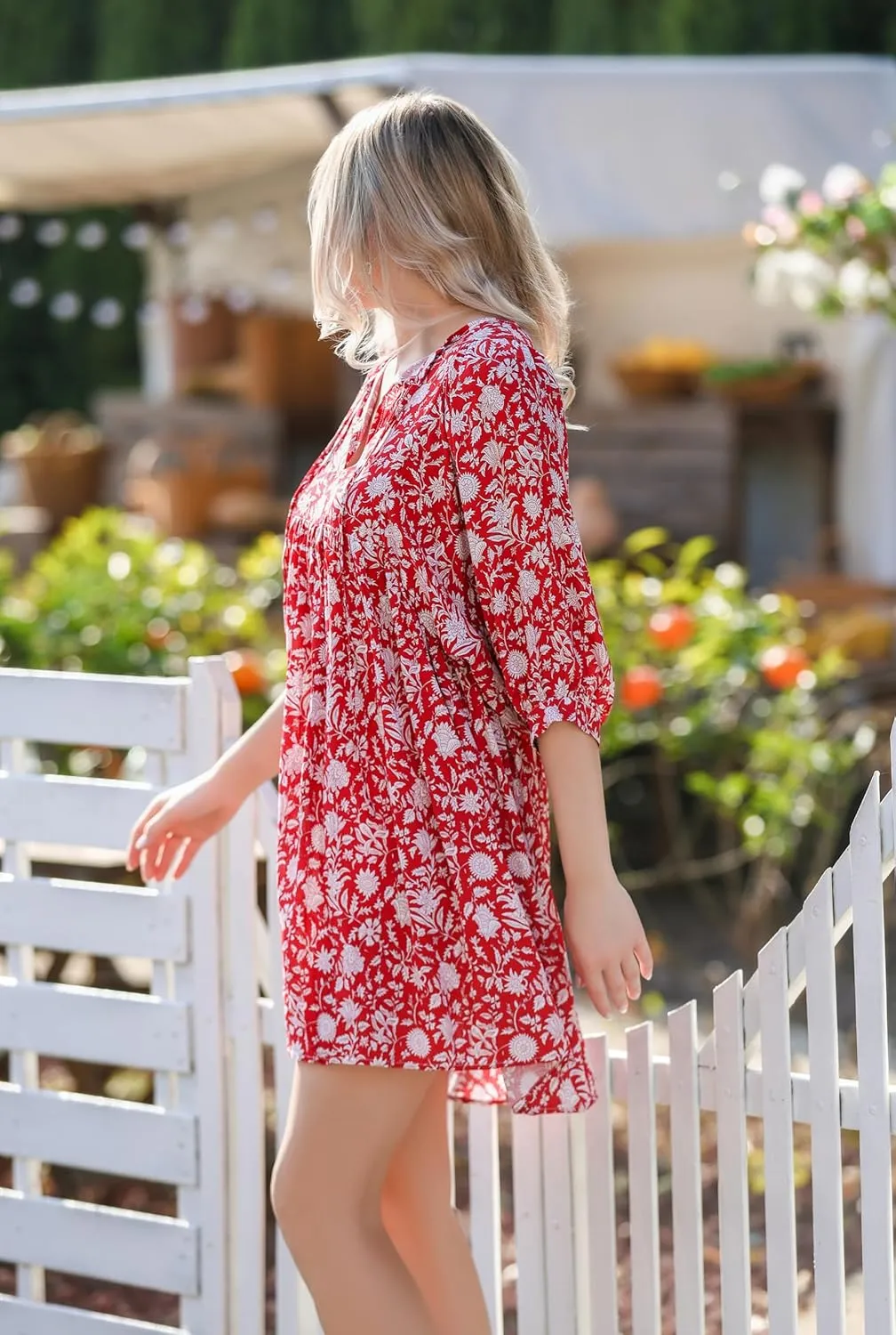 Womens Boho Floral Short Dress: Summer Cute Puff Sleeve - Casual V Neck A Line Tops - Flowy Mini Garden Sun Dress 2415