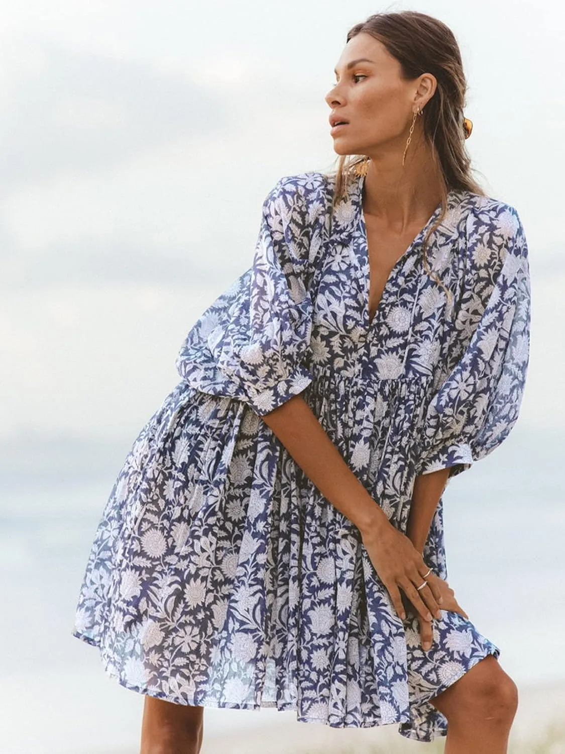 Womens Boho Floral Short Dress: Summer Cute Puff Sleeve - Casual V Neck A Line Tops - Flowy Mini Garden Sun Dress 2415