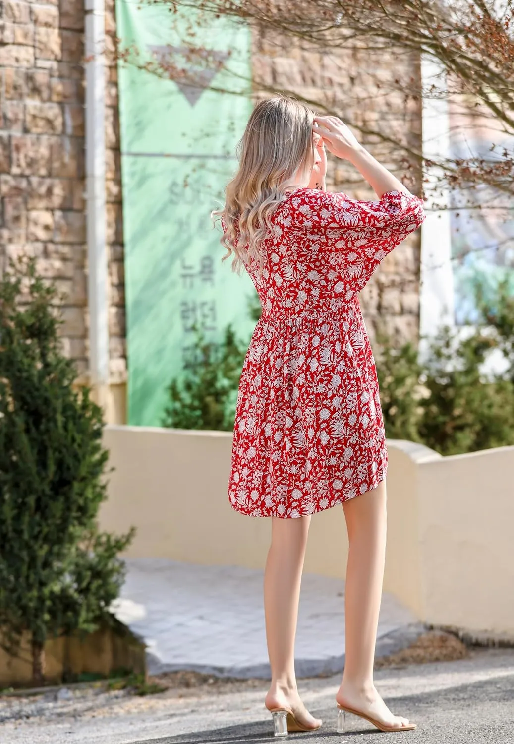 Womens Boho Floral Short Dress: Summer Cute Puff Sleeve - Casual V Neck A Line Tops - Flowy Mini Garden Sun Dress 2415