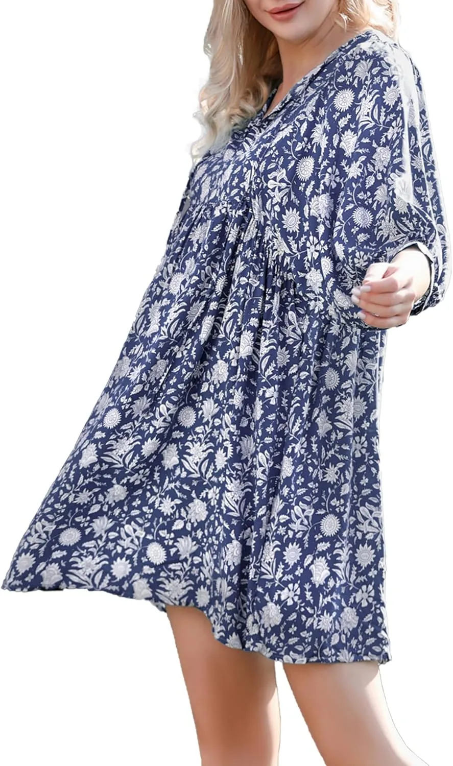 Womens Boho Floral Short Dress: Summer Cute Puff Sleeve - Casual V Neck A Line Tops - Flowy Mini Garden Sun Dress 2415