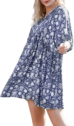 Womens Boho Floral Short Dress: Summer Cute Puff Sleeve - Casual V Neck A Line Tops - Flowy Mini Garden Sun Dress 2415
