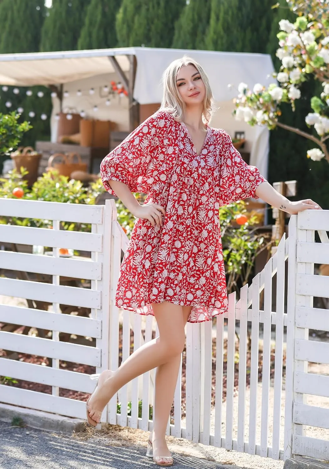 Womens Boho Floral Short Dress: Summer Cute Puff Sleeve - Casual V Neck A Line Tops - Flowy Mini Garden Sun Dress 2415