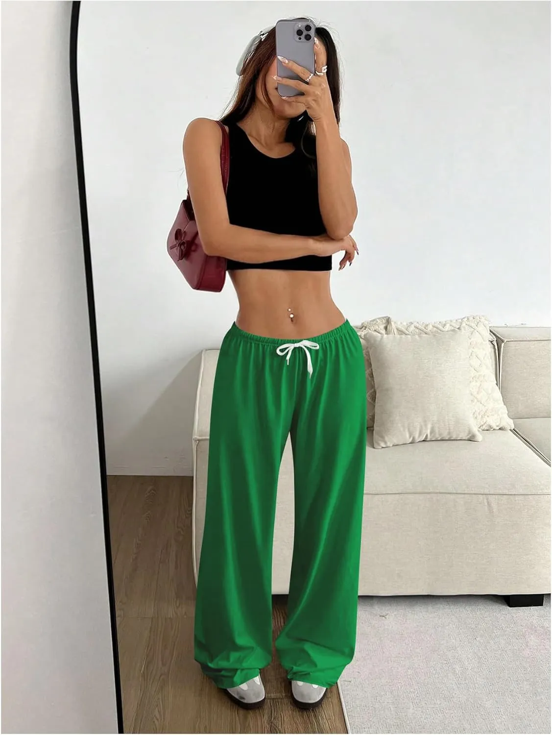 Women's Drawstring Waist Straight Streetwear Wide Leg Sweatpants Casual Loose Baggy Workout Long Summer Pants