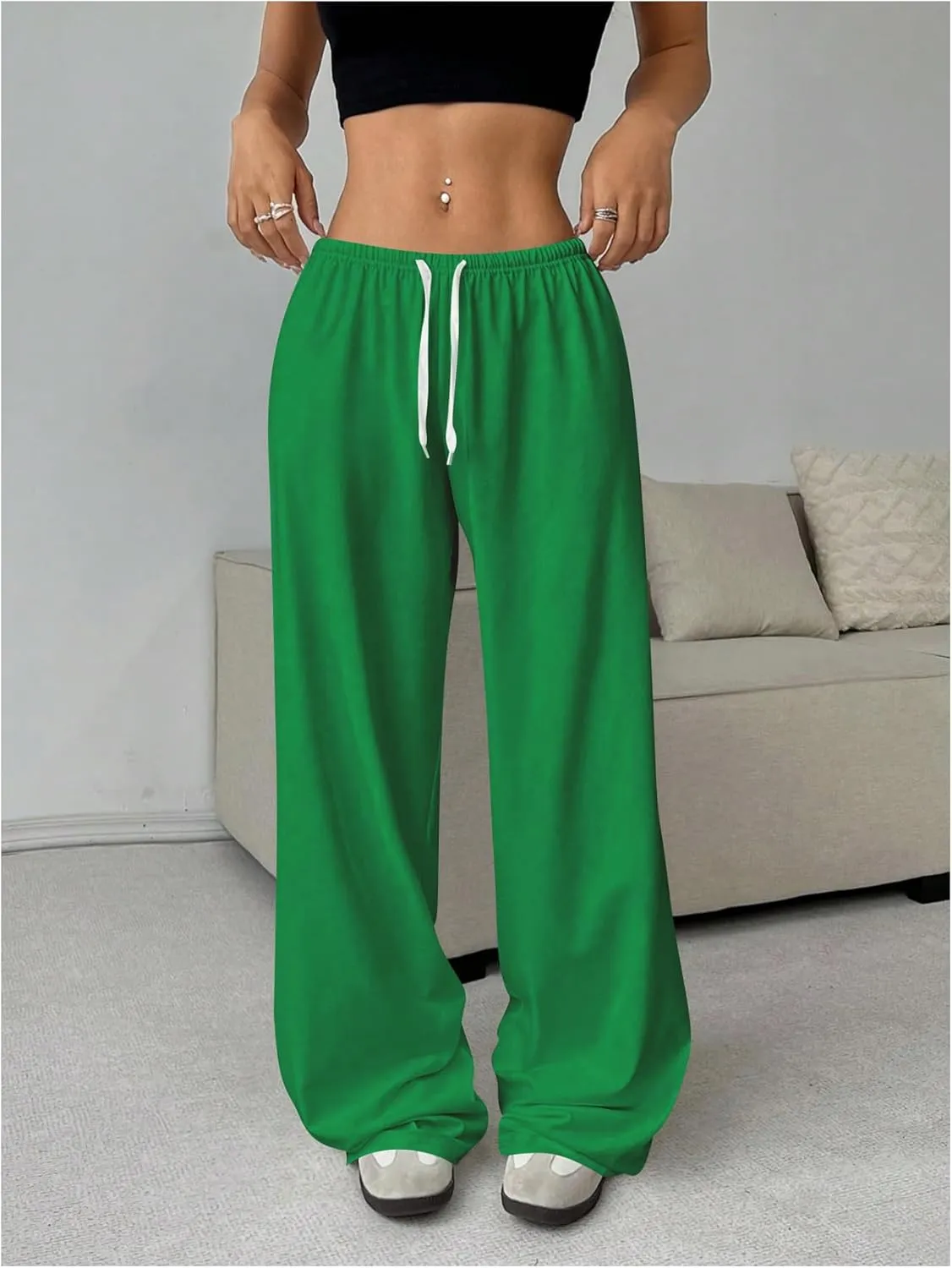 Women's Drawstring Waist Straight Streetwear Wide Leg Sweatpants Casual Loose Baggy Workout Long Summer Pants