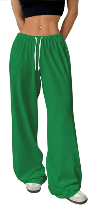Women's Drawstring Waist Straight Streetwear Wide Leg Sweatpants Casual Loose Baggy Workout Long Summer Pants
