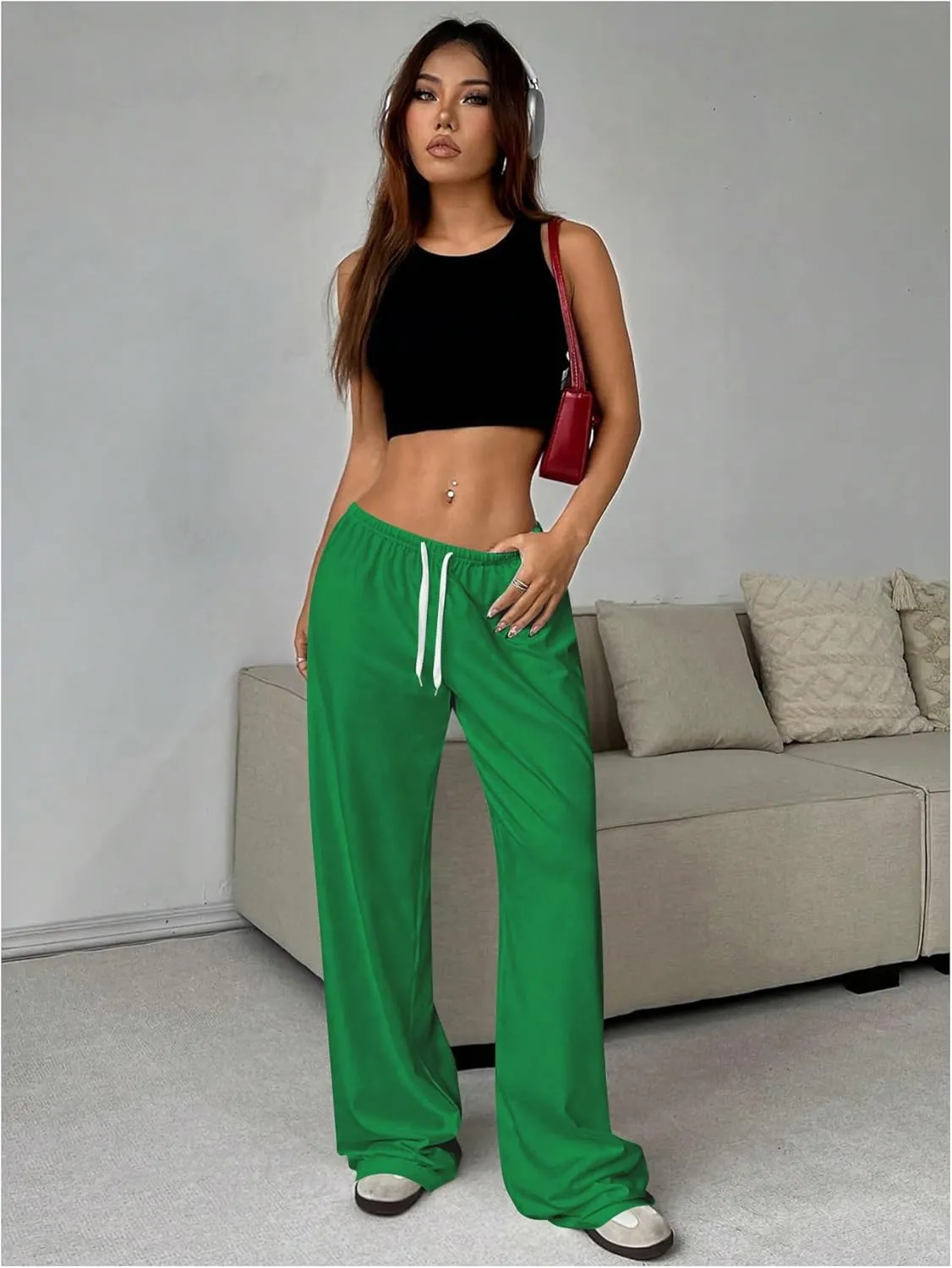 Women's Drawstring Waist Straight Streetwear Wide Leg Sweatpants Casual Loose Baggy Workout Long Summer Pants