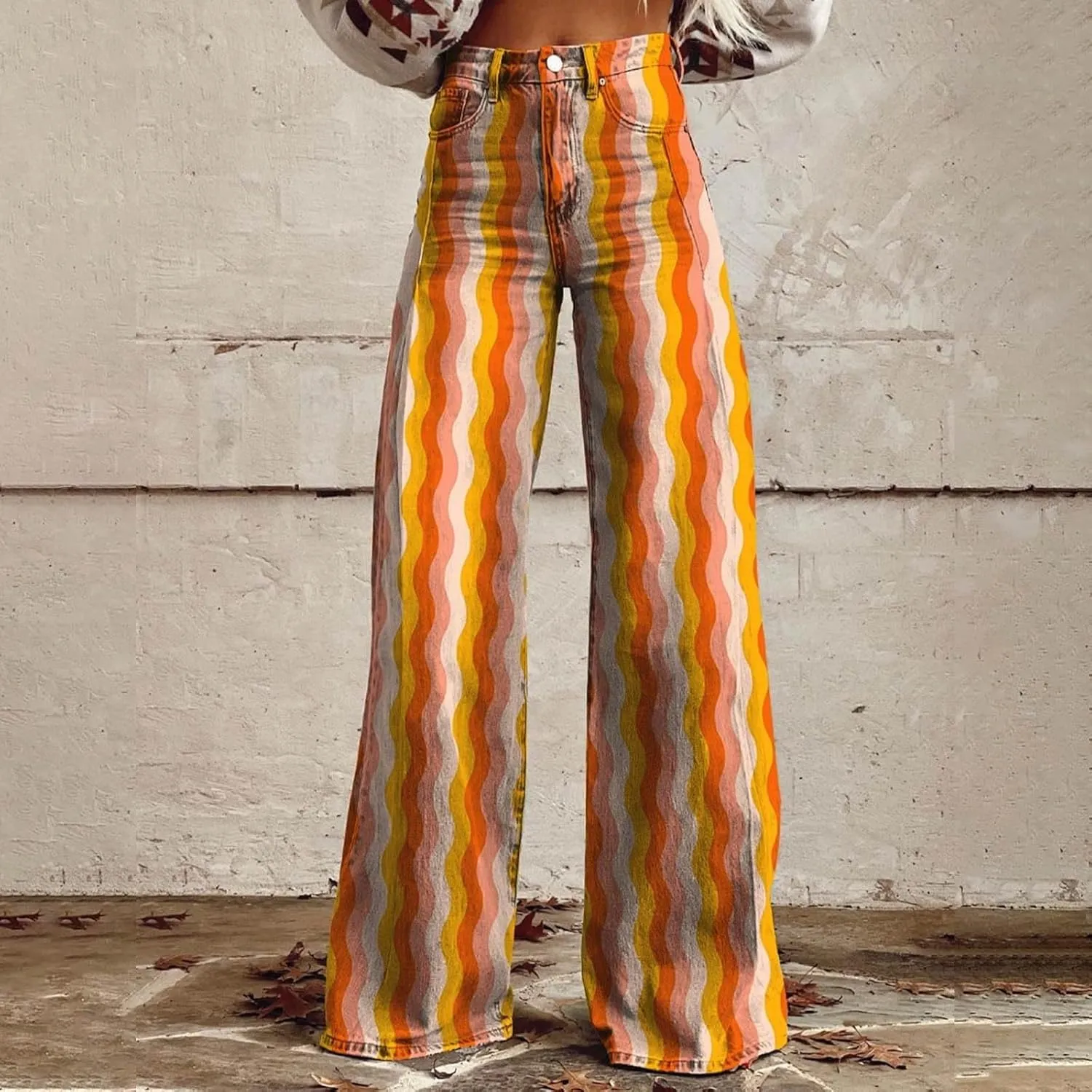 Women's Flare Jeans 2025 Wide Leg Baggy Pant Vintage Floral Print High Waisted Straight Stretch Pants with Pocket