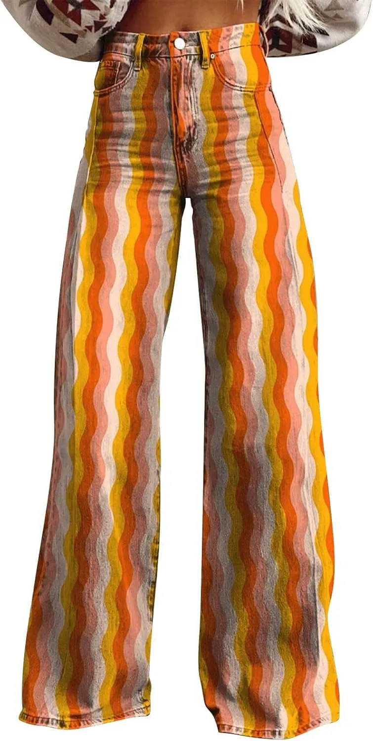 Women's Flare Jeans 2025 Wide Leg Baggy Pant Vintage Floral Print High Waisted Straight Stretch Pants with Pocket
