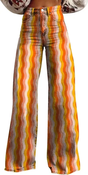 Women's Flare Jeans 2025 Wide Leg Baggy Pant Vintage Floral Print High Waisted Straight Stretch Pants with Pocket