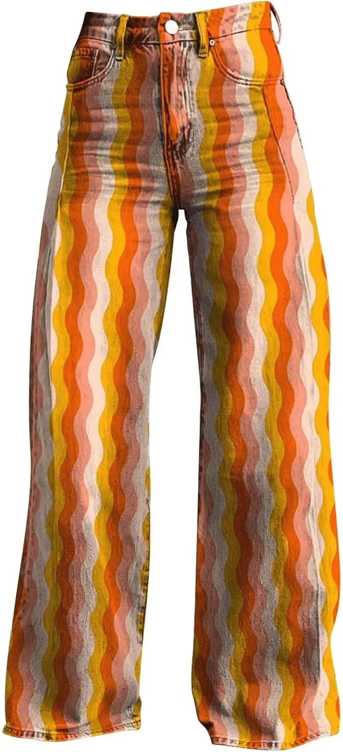 Women's Flare Jeans 2025 Wide Leg Baggy Pant Vintage Floral Print High Waisted Straight Stretch Pants with Pocket