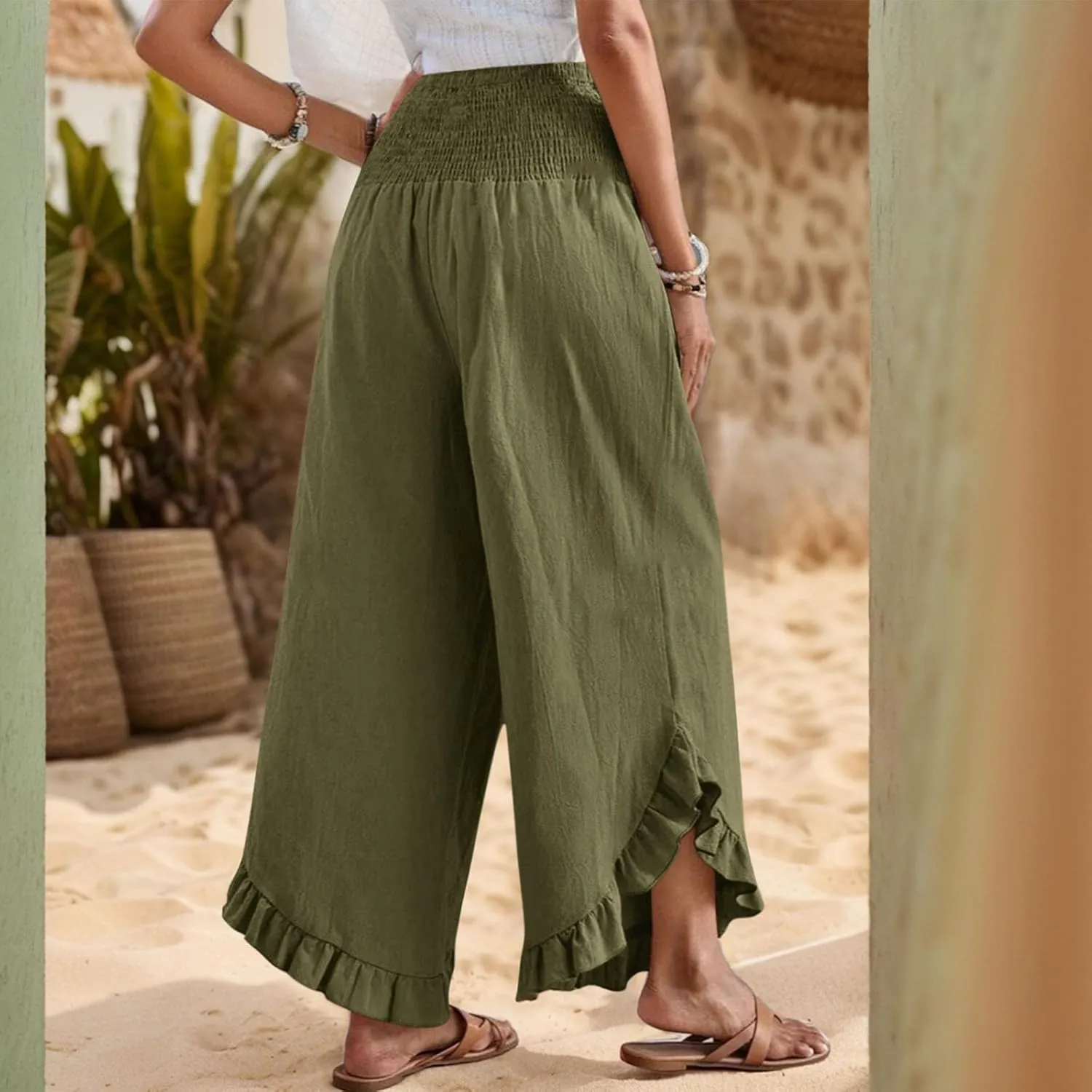 Womens Linen Pants Summer Wide Leg Smocked Waist Ruffle Hem Palazzo Pants Boho Flowy Beach Casual Trousers with Pockets