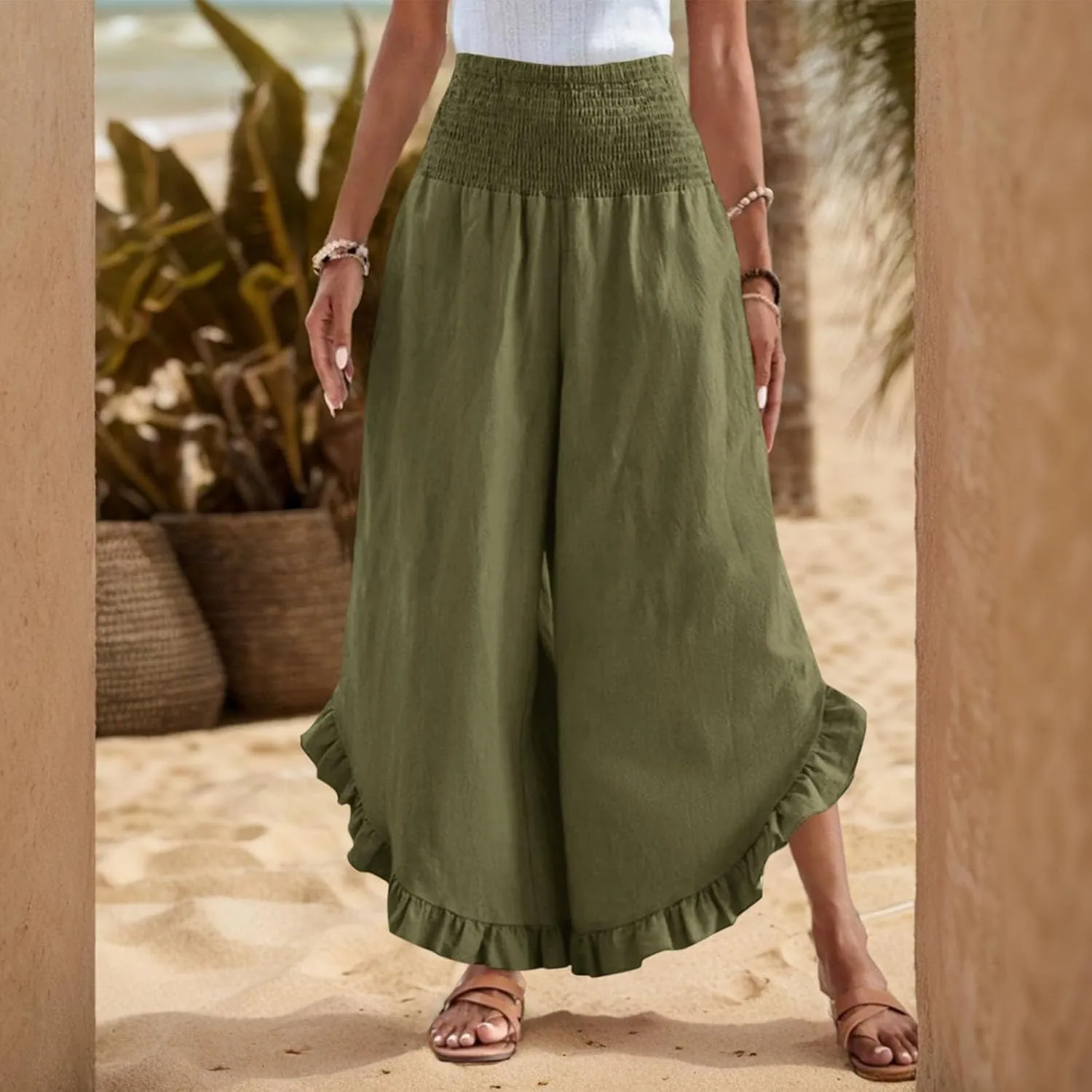 Womens Linen Pants Summer Wide Leg Smocked Waist Ruffle Hem Palazzo Pants Boho Flowy Beach Casual Trousers with Pockets