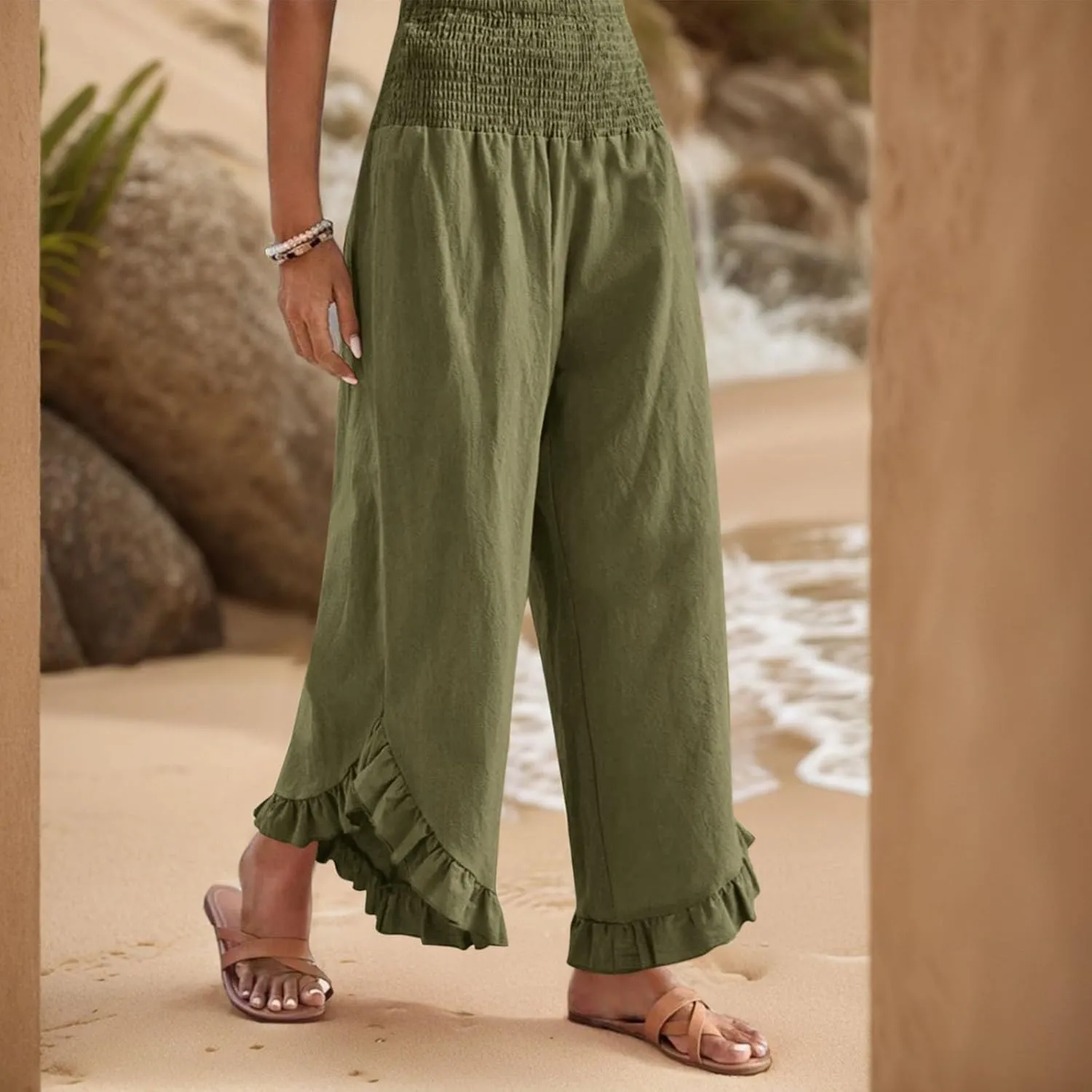 Womens Linen Pants Summer Wide Leg Smocked Waist Ruffle Hem Palazzo Pants Boho Flowy Beach Casual Trousers with Pockets