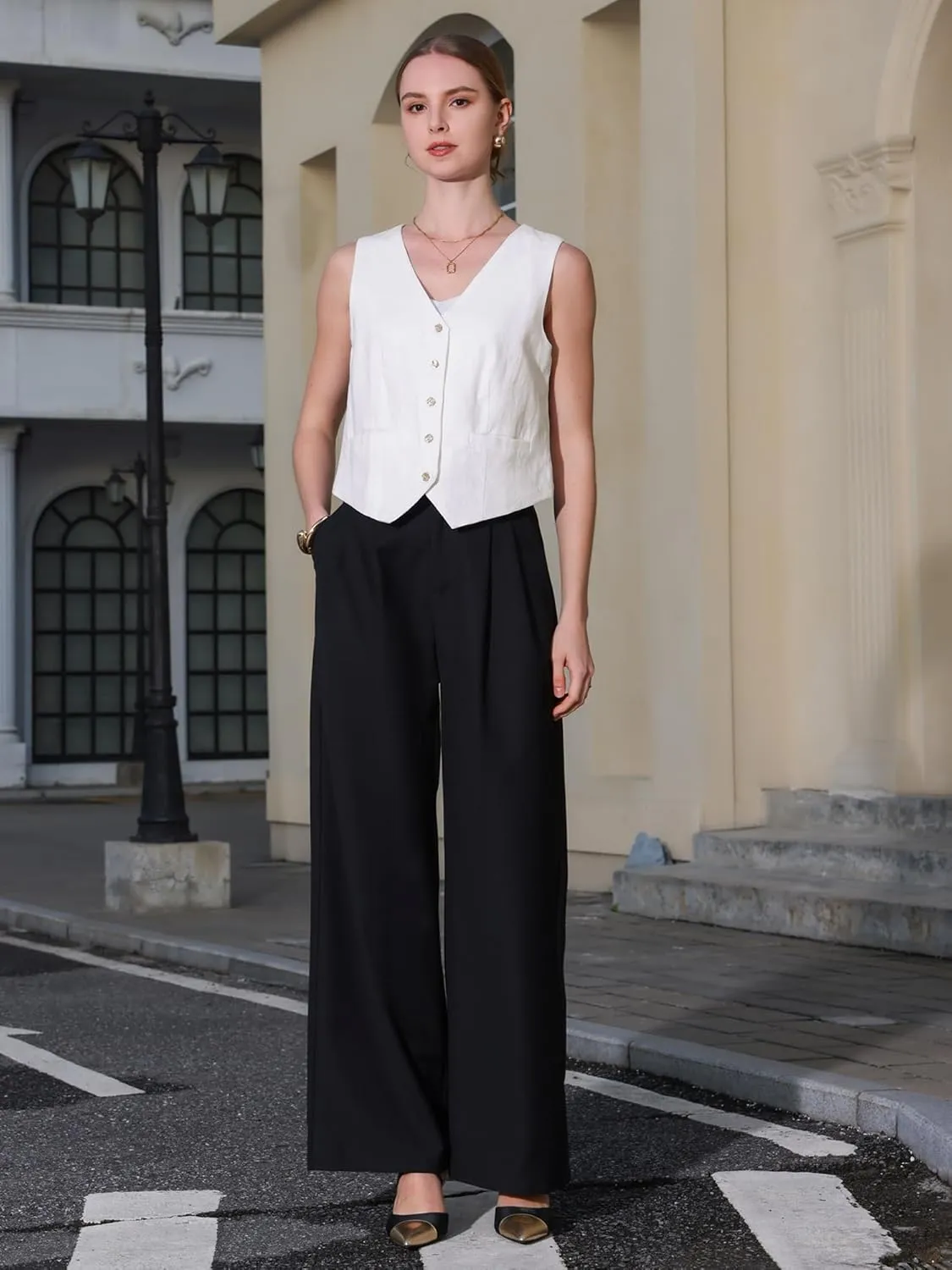 Women's Linen Vest Sleeveless Button Down V Neck Formal Business Waistcoat