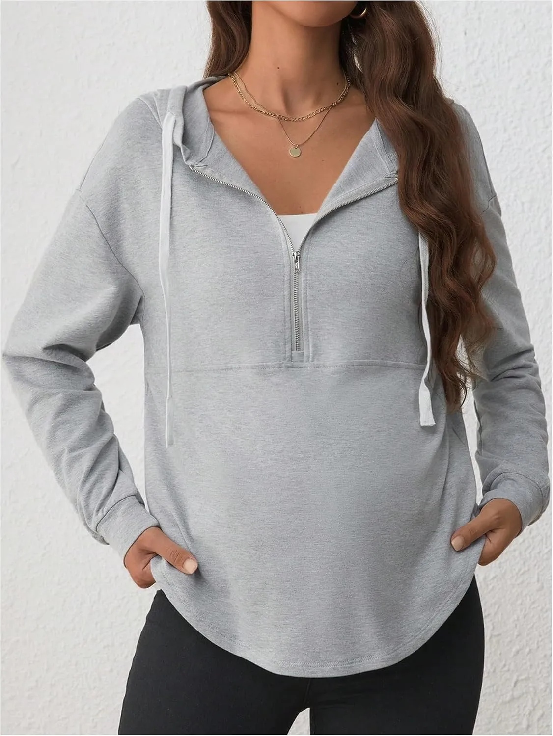 Women's Maternity Half Zip Sweatshirts Long Sleeve Drop Shoulder Drawstring Hoodie
