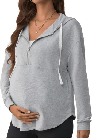 Women's Maternity Half Zip Sweatshirts Long Sleeve Drop Shoulder Drawstring Hoodie