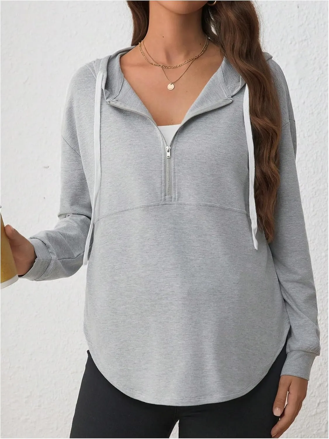 Women's Maternity Half Zip Sweatshirts Long Sleeve Drop Shoulder Drawstring Hoodie