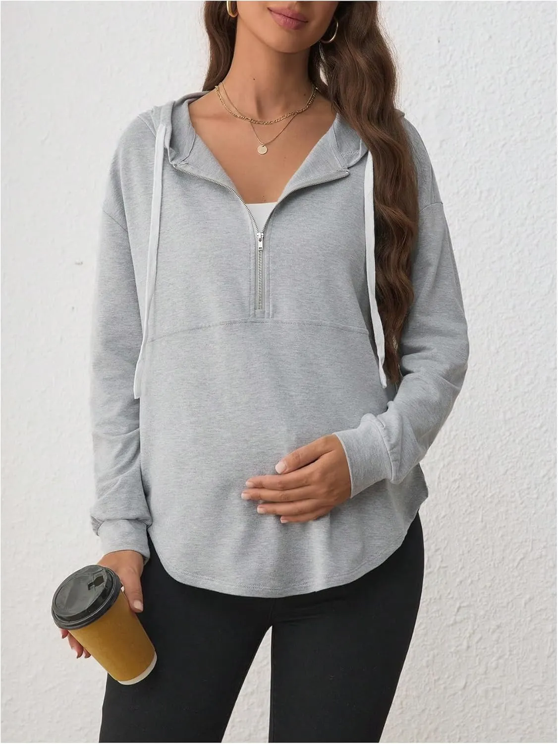 Women's Maternity Half Zip Sweatshirts Long Sleeve Drop Shoulder Drawstring Hoodie