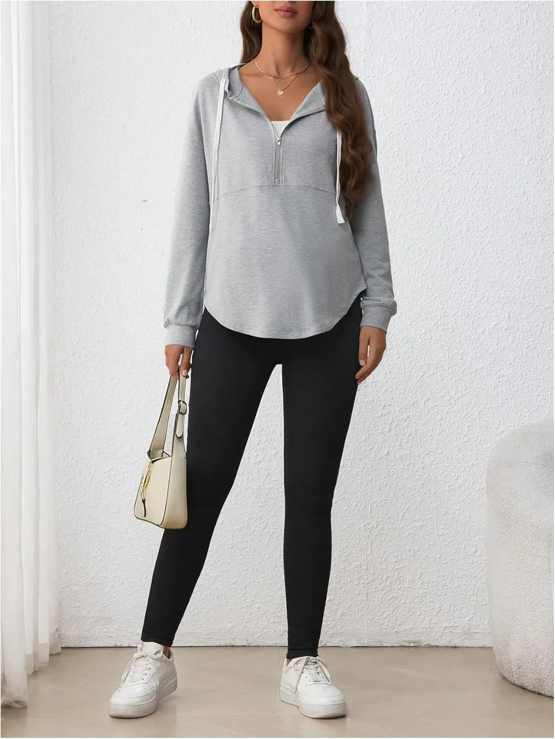 Women's Maternity Half Zip Sweatshirts Long Sleeve Drop Shoulder Drawstring Hoodie