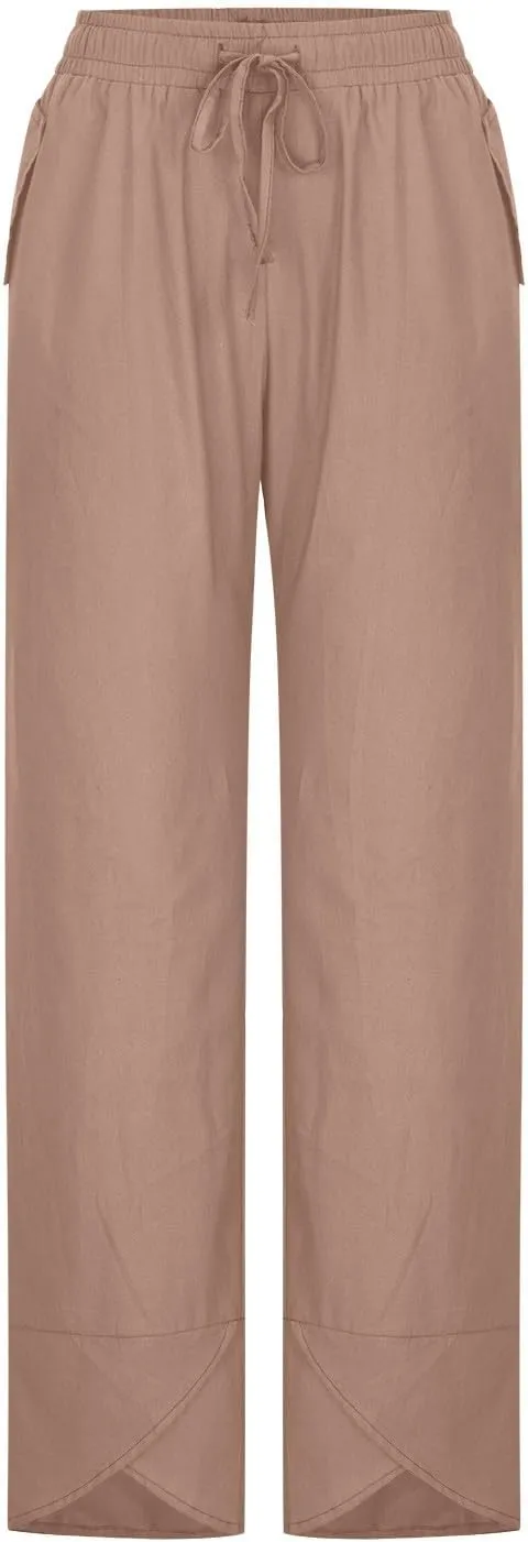 Women's Pants for Summer Fahsion Drawstringg Elastic Wasit Linen Pants Straight Leg Causual Trousers with Pockets