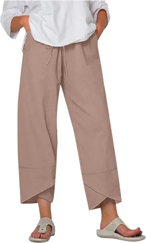 Women's Pants for Summer Fahsion Drawstringg Elastic Wasit Linen Pants Straight Leg Causual Trousers with Pockets