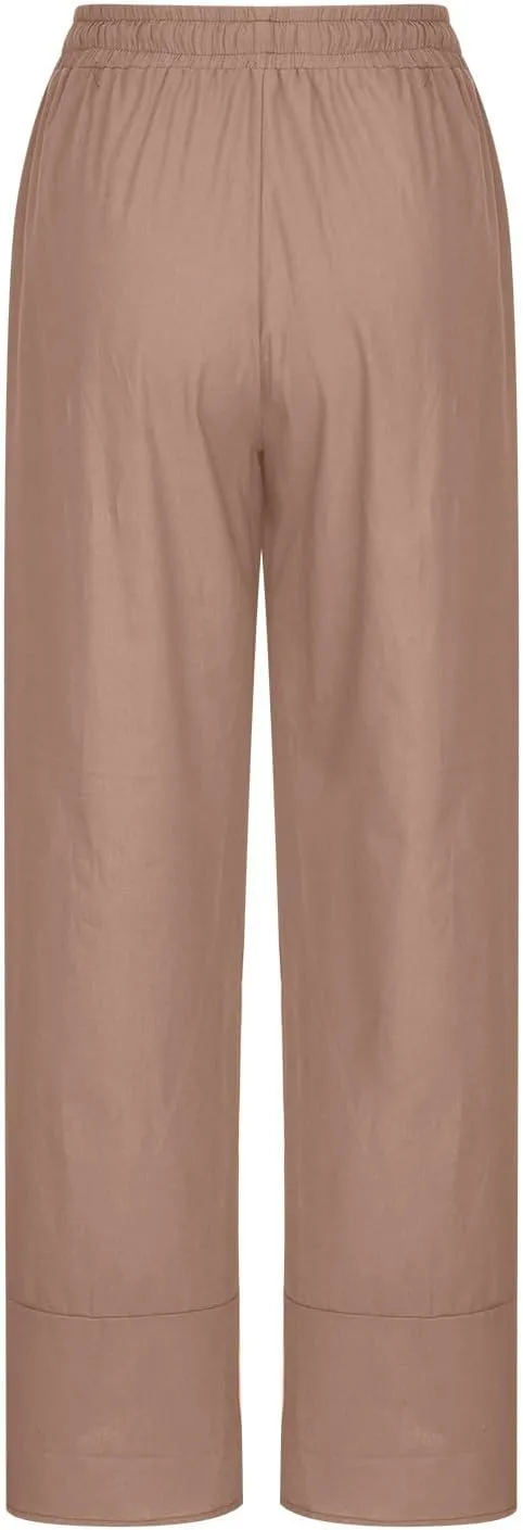 Women's Pants for Summer Fahsion Drawstringg Elastic Wasit Linen Pants Straight Leg Causual Trousers with Pockets