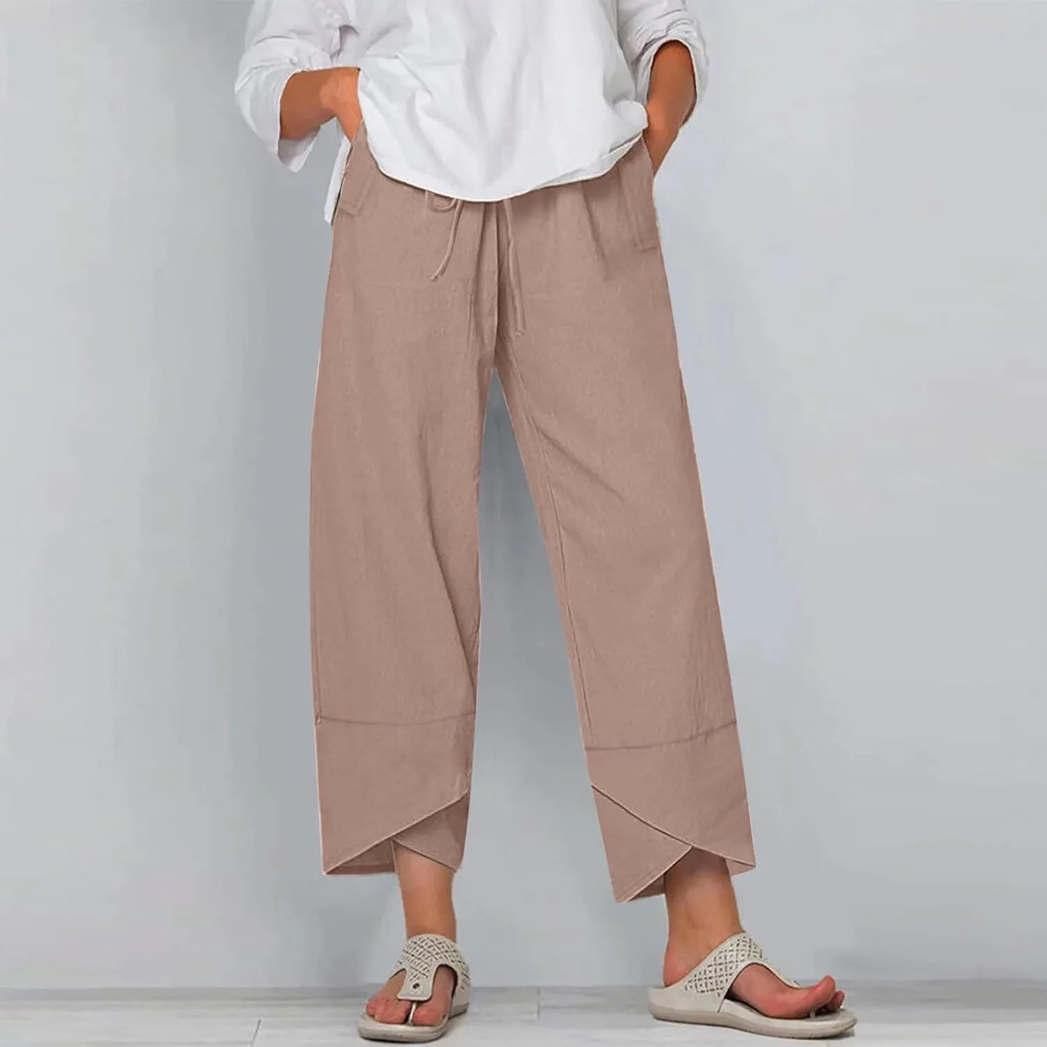 Women's Pants for Summer Fahsion Drawstringg Elastic Wasit Linen Pants Straight Leg Causual Trousers with Pockets