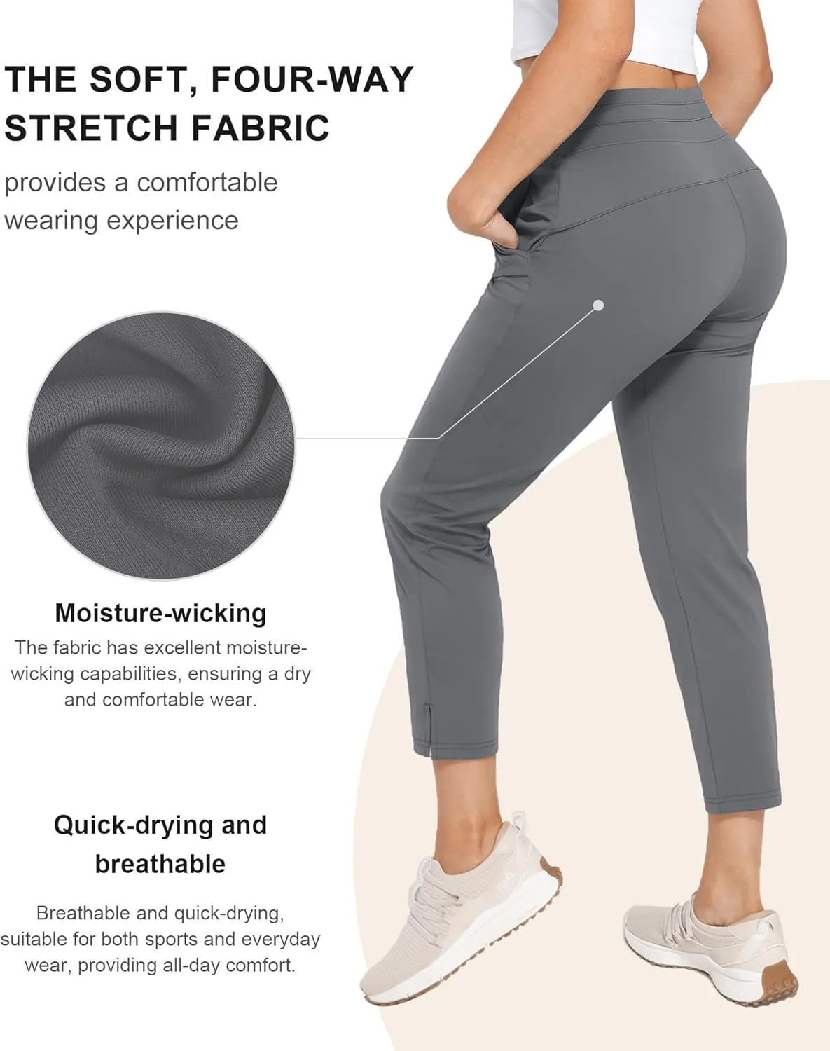 Women's Pants with Deep Pockets, 7/8 Stretch Ankle Sweatpants for Golf, Athletic, Lounge, Travel, Work