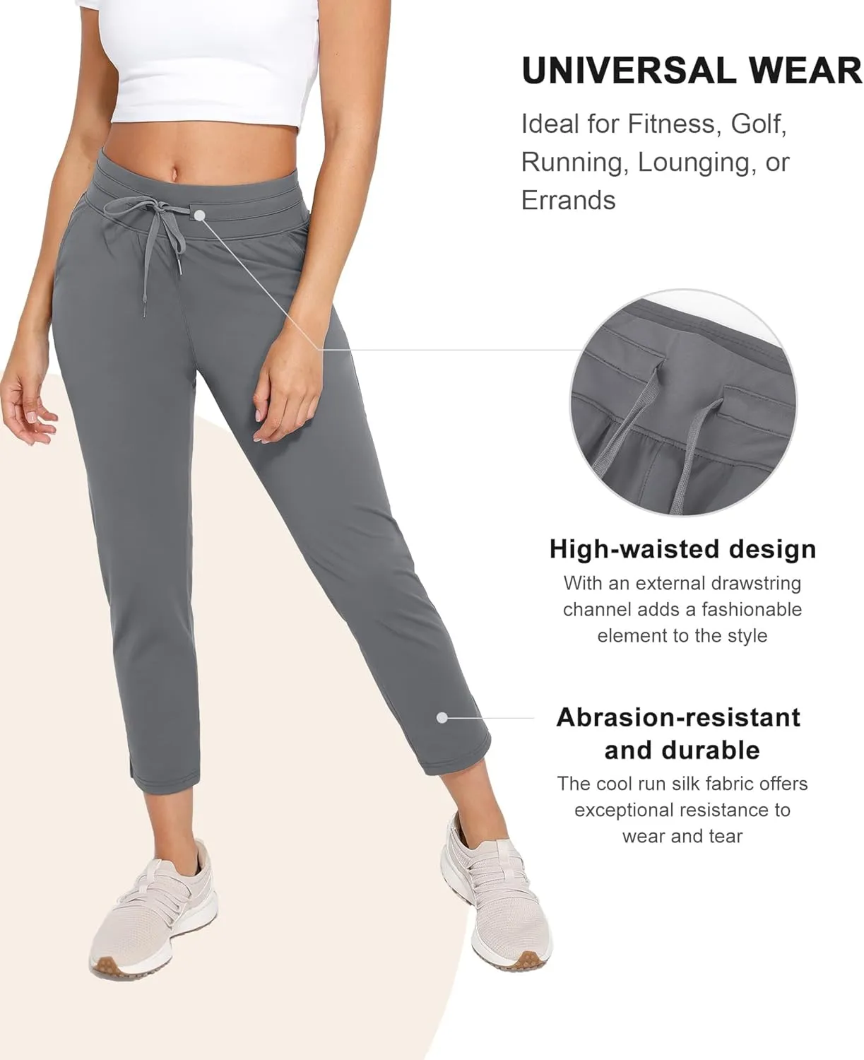 Women's Pants with Deep Pockets, 7/8 Stretch Ankle Sweatpants for Golf, Athletic, Lounge, Travel, Work