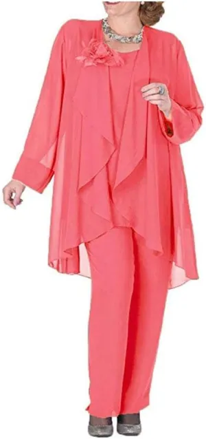 Women's Plus Size Chiffon Pants Suit 3 Pieces Dress Suit for Mother of The Bride Evening Gowns Outfit