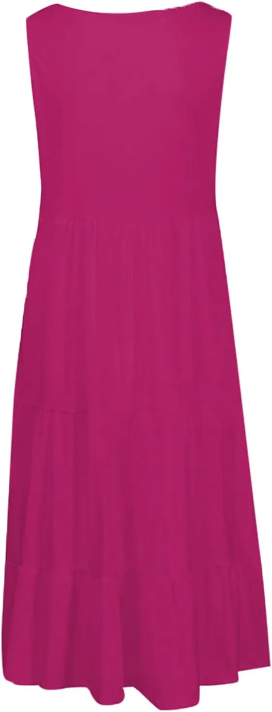 Womens Plus Size Summer Sleeveless Round Neck Swing Dress Solid Color Flowy Tiered Maxi Beach Sundress