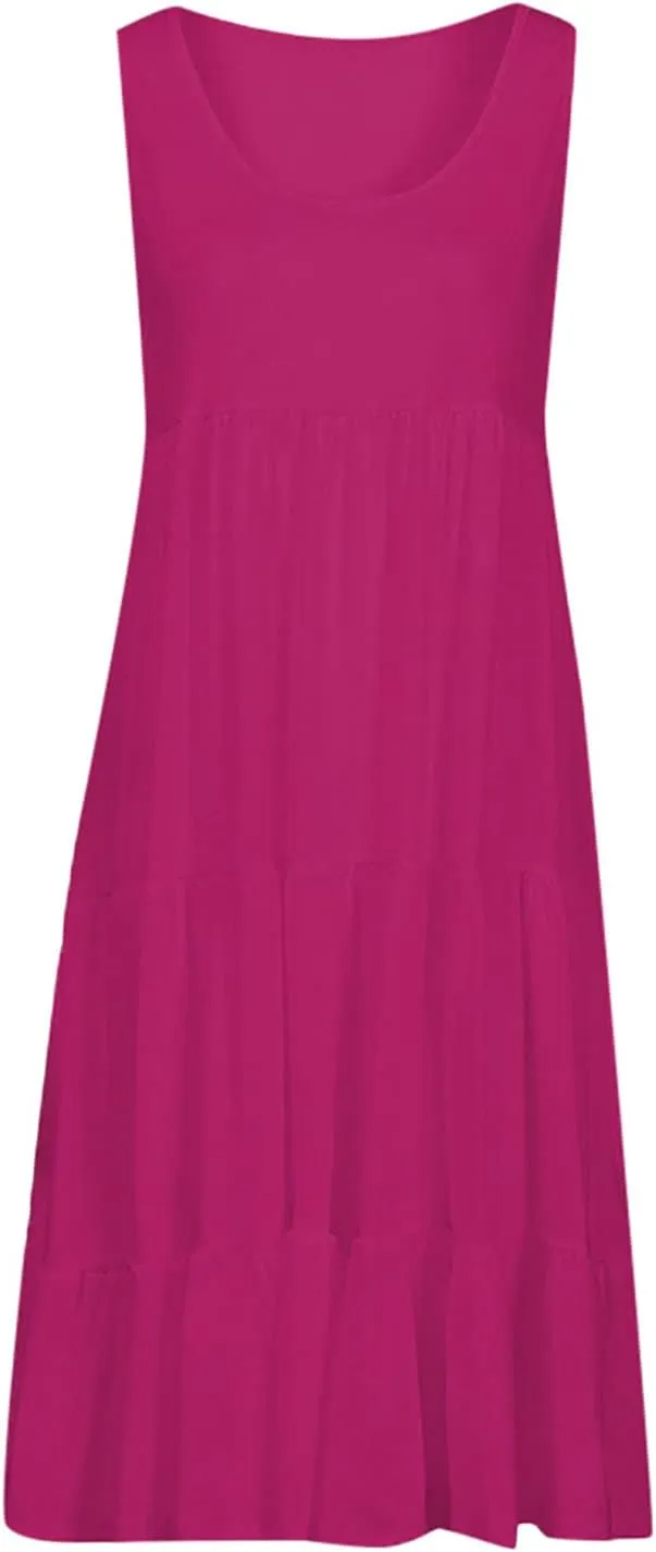 Womens Plus Size Summer Sleeveless Round Neck Swing Dress Solid Color Flowy Tiered Maxi Beach Sundress