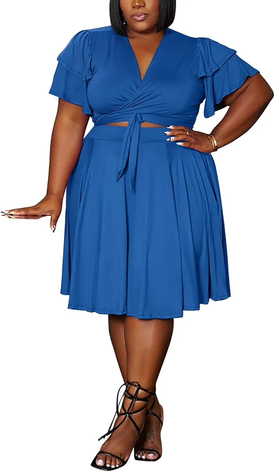 Womens Sexy Plus Size 2 Piece Midi Dress Outfits Short Sleeve Bandage Wrap Empire Crop Tops and Skirt Sets,Blue,3XL