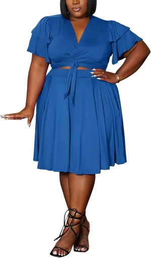 Womens Sexy Plus Size 2 Piece Midi Dress Outfits Short Sleeve Bandage Wrap Empire Crop Tops and Skirt Sets,Blue,3XL