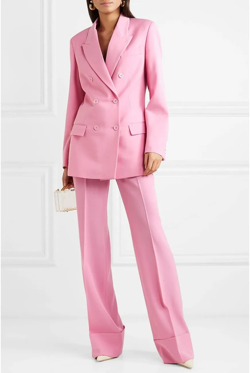Womens Suit 2 Pieces Set Regular Style Notch Lapel Double Breasted Blazer Lady Set Work Suits (Blazer Pants)