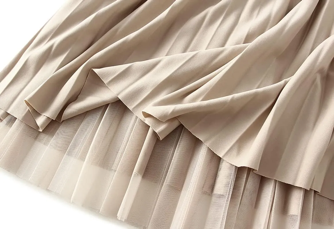 Womens Tulle Long Skirt Elastic Waist Reversible A Line Pleated Midi Skirt SK07