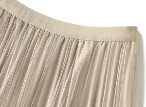 Womens Tulle Long Skirt Elastic Waist Reversible A Line Pleated Midi Skirt SK07