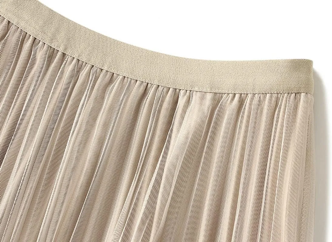 Womens Tulle Long Skirt Elastic Waist Reversible A Line Pleated Midi Skirt SK07